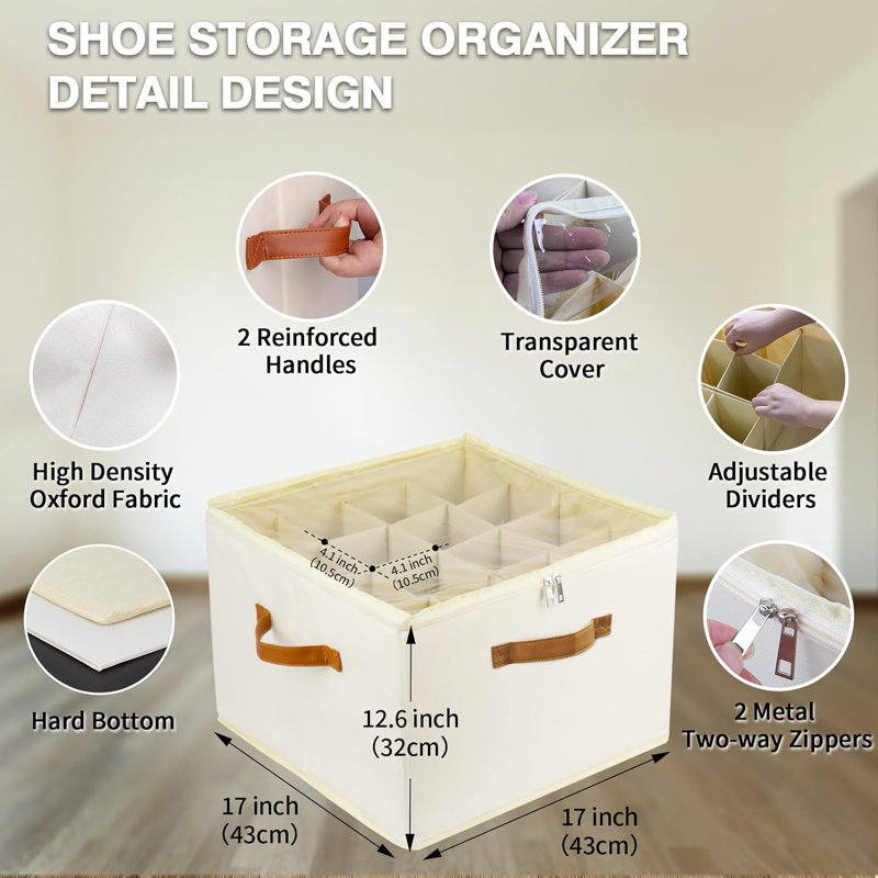 Foldable Shoe Storage Organizer Boxes Containers with Clear Cover and Adjustable Dividers, White