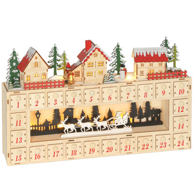 Christmas Advent Calendar with 24 Drawers, Reusable Lighted Wood-Effect Countdown to Christmas Calendar with Village Scene for Holiday Decoration, Battery Operated, Natural Tone