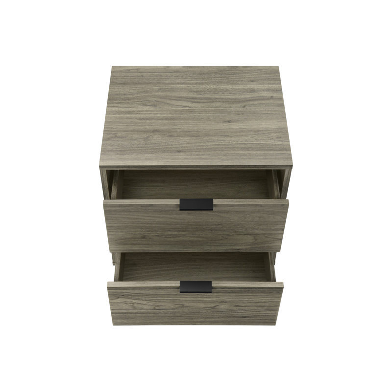 Table d'appoint grise contemporaine pour chambre ou salon, avec deux tiroirs de rangement, hauteur 61 cm, profondeur 40,5 cm, largeur et profondeur 48 cm. Montage facile.