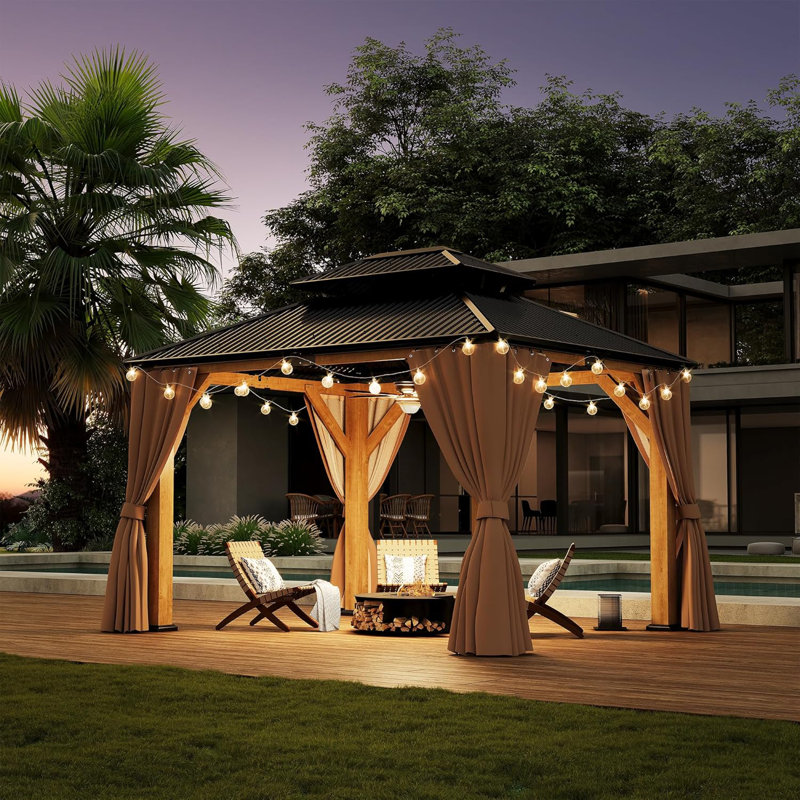10'x12' Patio Solid Wood Outdoor Hardtop Gazebo with Double Steel Roof, 10"x 12"