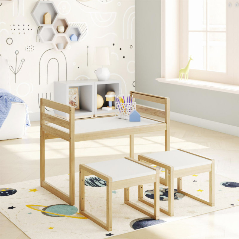 Ensemble de 3 tables d'activités pour enfants, Blanc, naturel