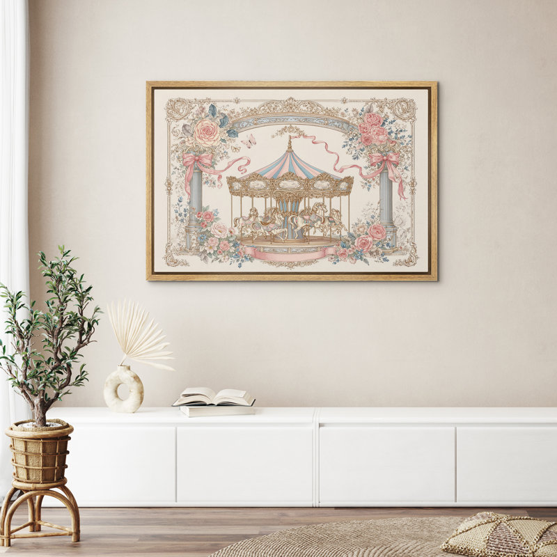 Vintage Floral Carousel Garden Ornamental Frame Pastel Romantic Framed Canvas Master Bedroom Wall Art Work Print, Natural