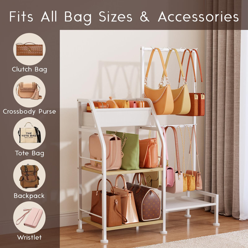 Organisateur de sac à main pour femme, support de rangement à 3 niveaux et 12 crochets fixes, rangement pour sac à dos visible, support de rangement pour sac peu encombrant (blanc)