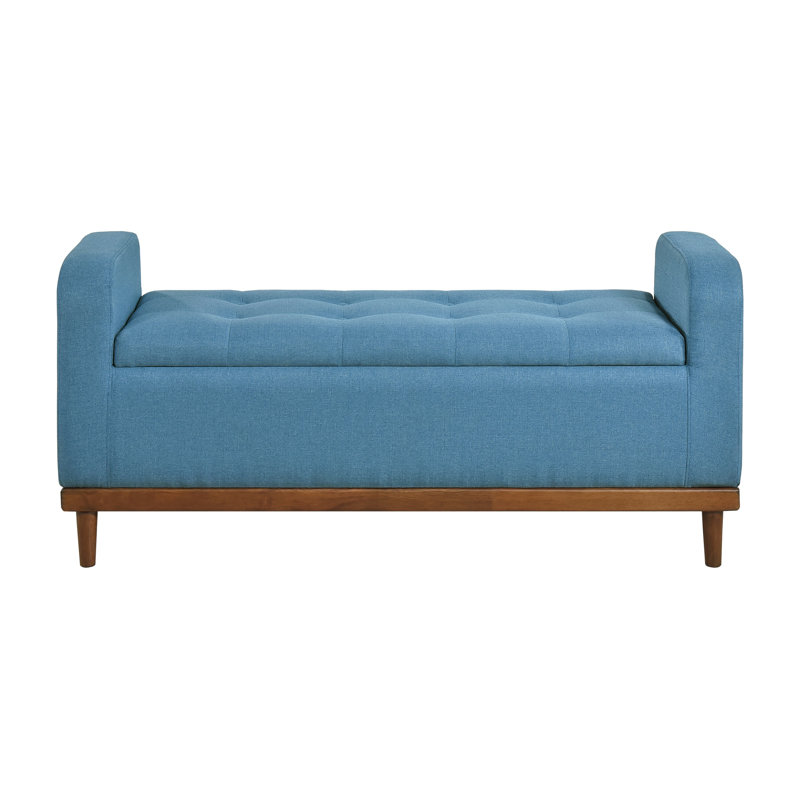 Banc de chambre bleu Mid-Century moderne, structure en bois de noyer massif, espace de rangement sur le dessus, banc d'une capacité de 300 lb pour la chambre à coucher, finition, conception, support de poids