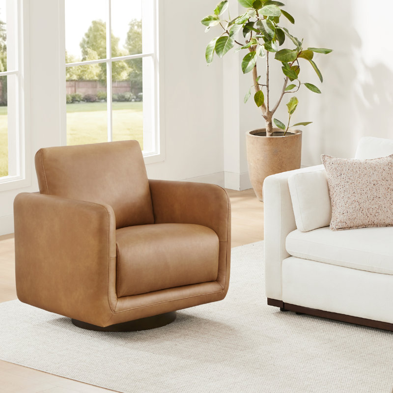 Assiatou 30'' W Upholstered Swivel Armchair With Wooden Base, Saddle Vegan Leather
