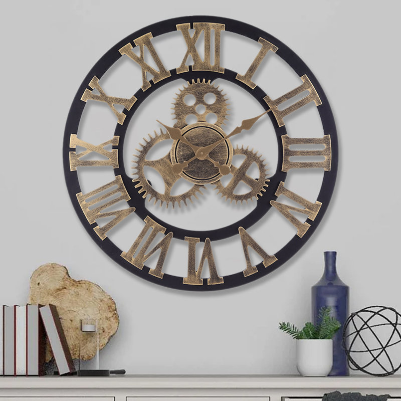 Abrahams 58cm Industrial Large Retro Silent Wall Clock for Home Decor, Gold