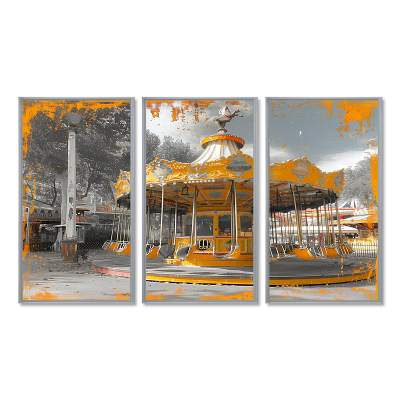 «Yellow Gray Autumn Autumn Wonderland Carousel Parks», ensemble d'art mural parcs d'attractions, Encadrement argenté