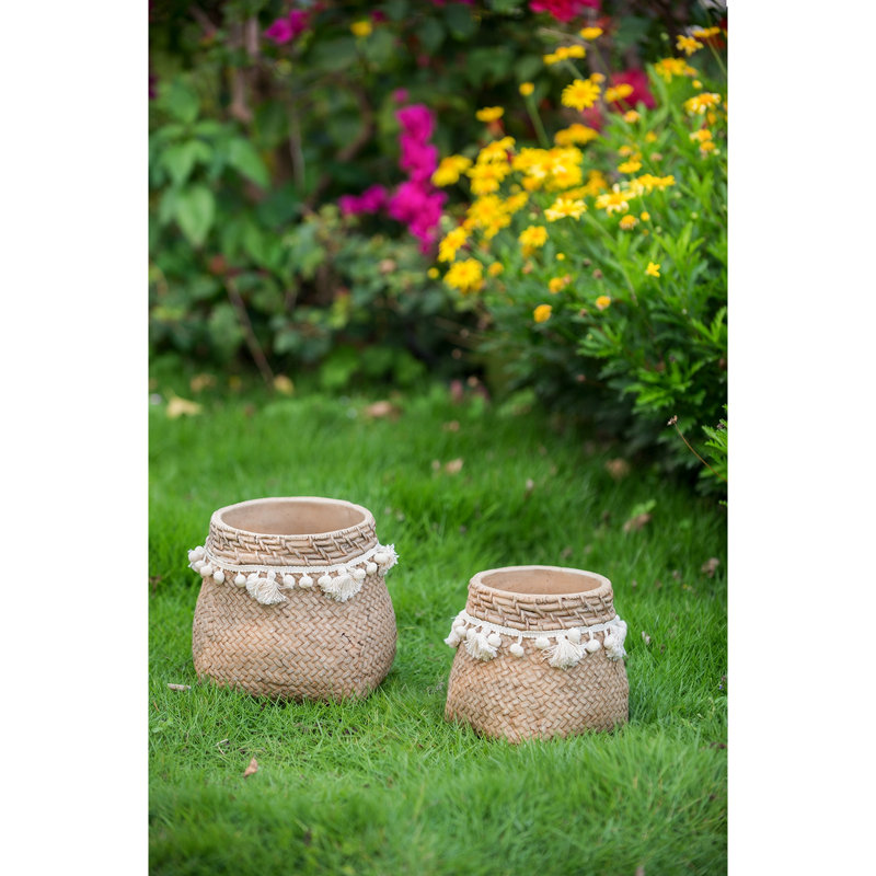 6,5 x 6,5 x 6 pouces pots de fleurs en ciment brun avec pampille tissée, de 2, glands crème décalés bruns, jardinières avec espaces complémentaires