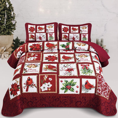 Christmas Cardinal and Poinsettia 3-Piece Coverlet Set