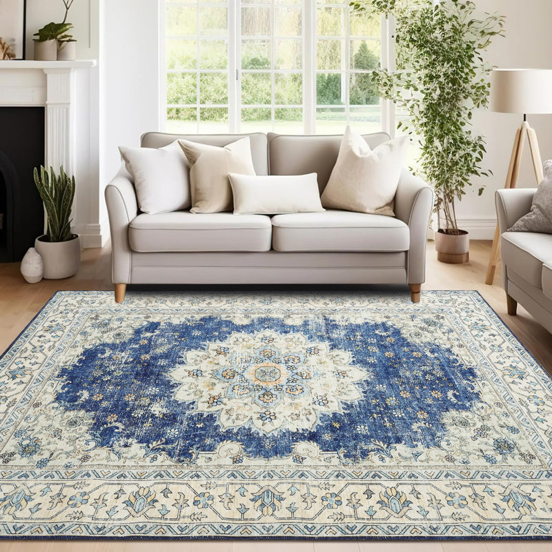 Boho Farmhouse Washable Area Rug - Large Neutral Floral Vintage Non-Slip Carpet for Living Room, Bedroom, Nursery, Playroom & Office, 5'x7', Blue