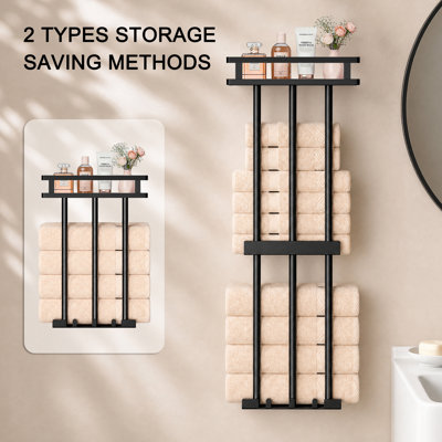 3-Tier Black Metal Bathroom Towel Holder, Wall Mounted Storage Rack with Top Mesh Shelf for Rolled Towels, Rust-Resistant Single