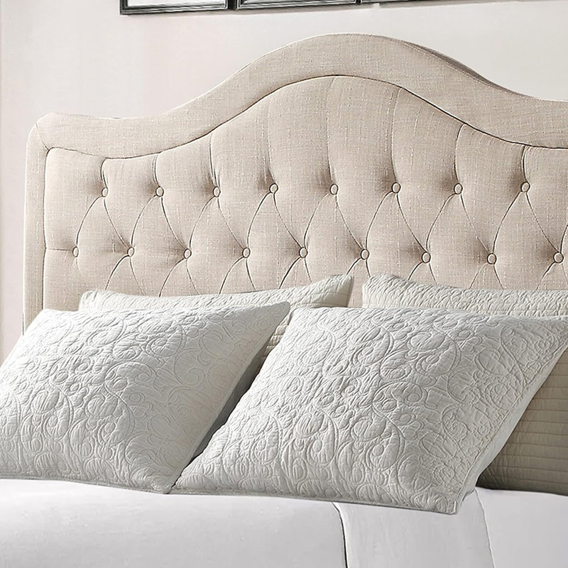 Adjustable Headboard with Fine Linen Upholstery and Button Tufting for Bedroom, Beige, Queen
