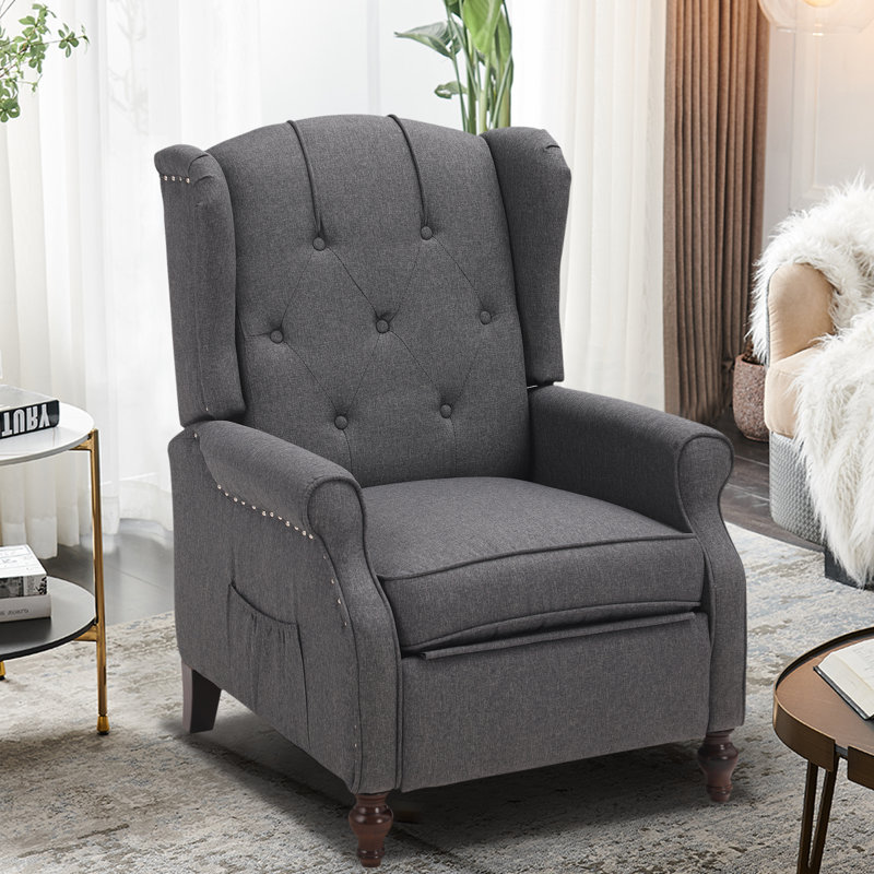 Joziah Wingback Pushback Recliner w/ Storage Pocket for Living Room, Gray Polyester Blend