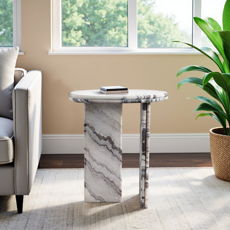 Kramer Stone Marble Accent Table with Modern Design - 24" Round Ivory, Gray & Brown End Table for Living Room, Bedroom, or Office
