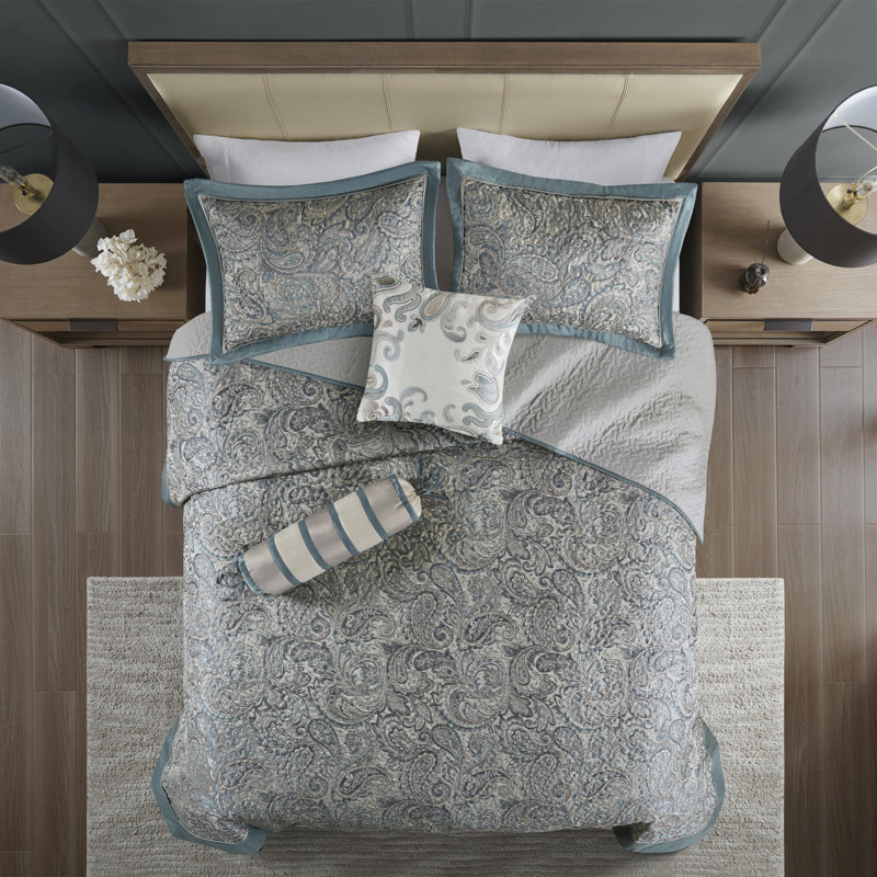 Ensemble de couvre-lit 5 pièces en jacquard pour grand lit avec coussins décoratifs, Sarcelle