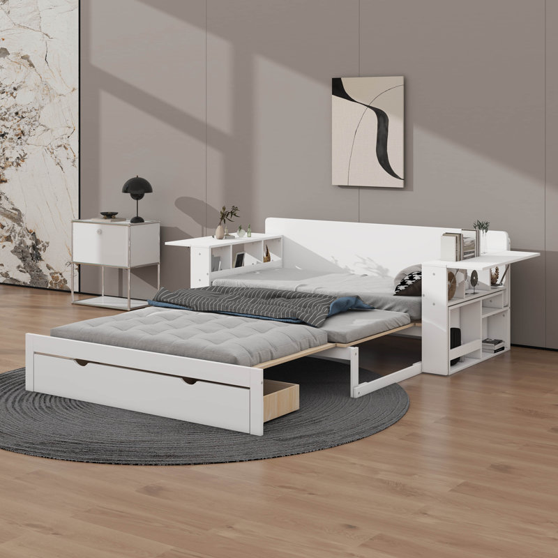 Lit de jour double avec bureau, tiroirs et table d'appoint hydraulique, Lit double, Blanc