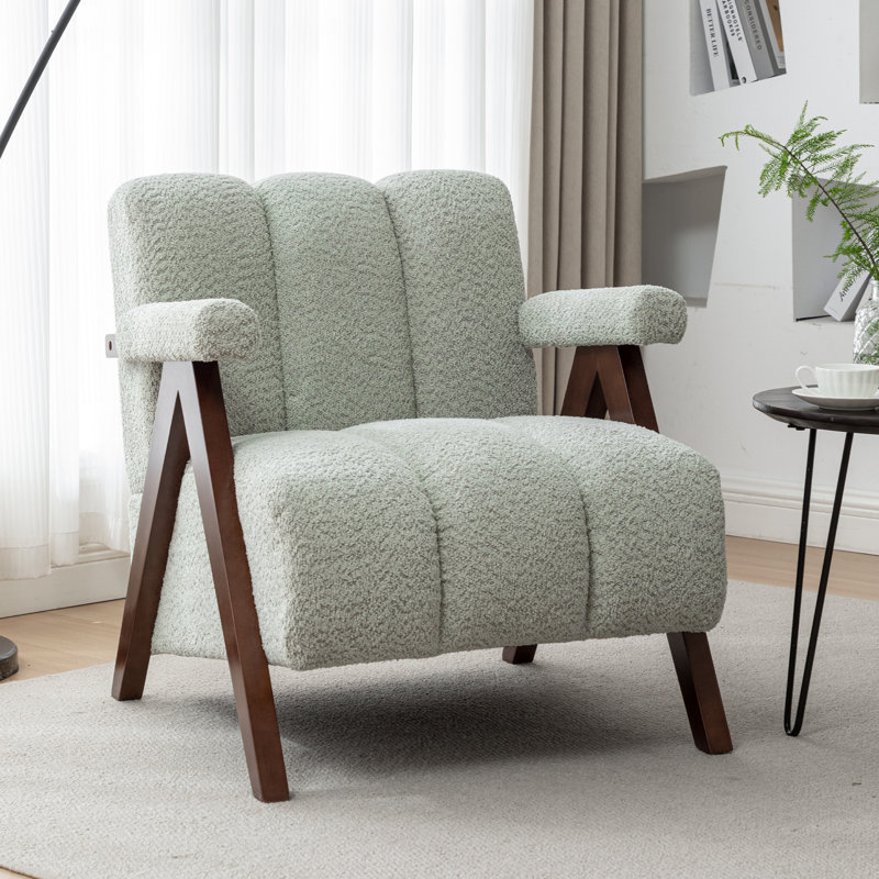 Dormon Upholstered Boucle  Armchair with Solid Wood Legs, Sage