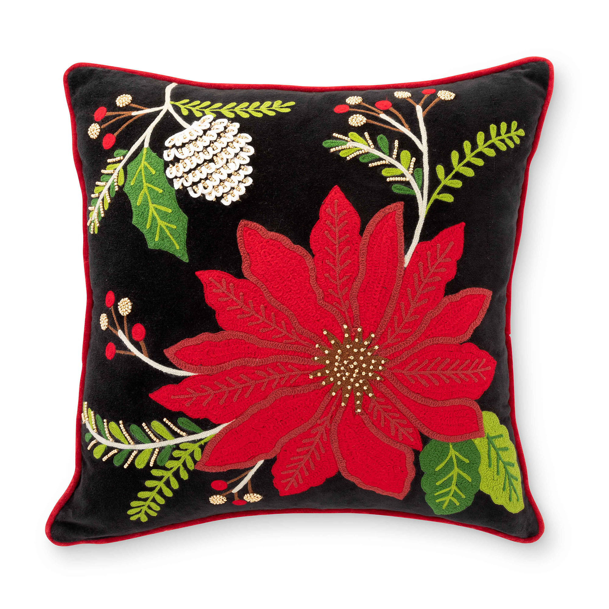 Lighted Embroidered Holiday Throw Pillows - Poinsettia