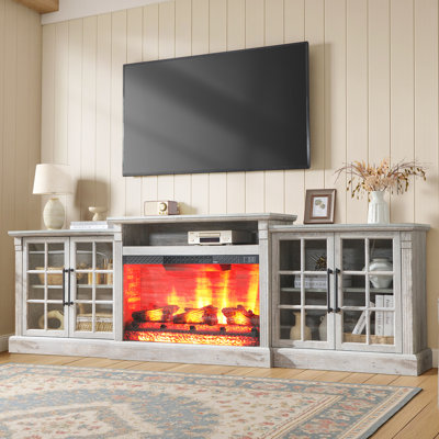 97"W Farmhouse Fireplace TV Stand for TVs up to 88" with Ample Storage Space and Adjustable Shelves,Light Gray