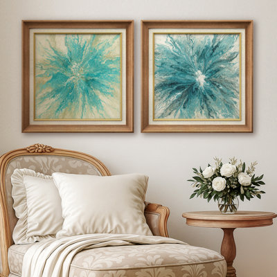 «Aqua Blue Abstract Burst», ensemble de 2 décorations murales contemporaines encadrées