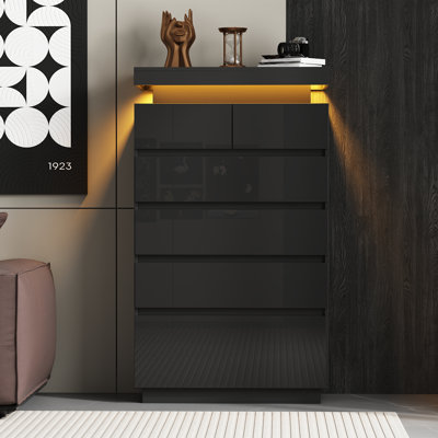Commode haute Lumina avec lumières DEL, commode en bois brillant avec 6 commodes profondes pour la chambre