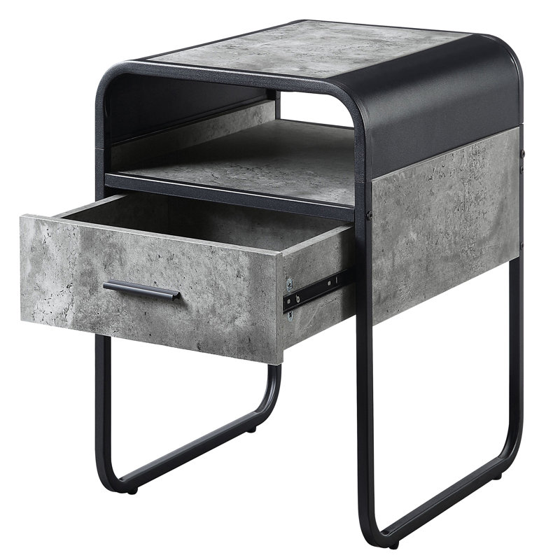 1 table de bout en béton gris et noir, pièce essentielle pour le salon, bords arrondis, support en métal et table pour l'espace, caractéristique élégante, tiroir spacieux,