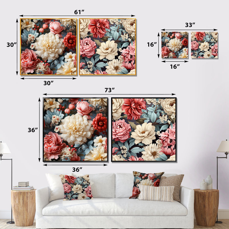 Eillet - Ensemble de 2 décorations murales florales, Toile tendue, H 16 po x l 33 po x P 1 po