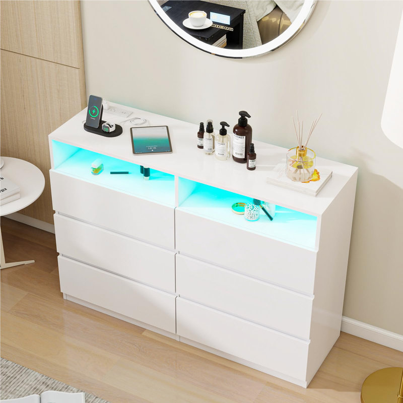 6-Drawer Double Dresser With USB Charging Station & LED Lighting - Modern Wood Storage Cabinet With Open Shelves., White