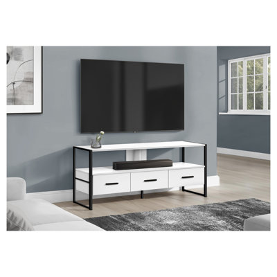 Meuble télé 49 po avec tiroirs en métal blanc et console média contemporaine