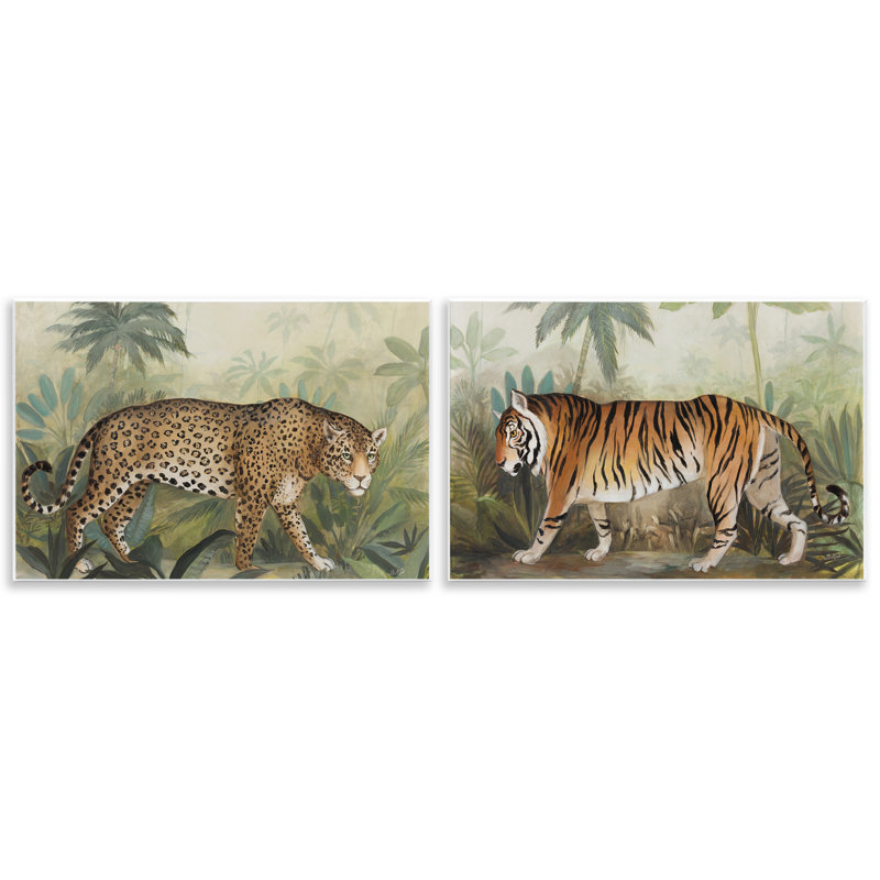 «Jaguar & Tiger Jungle Scene», ensemble de 2 plaques murales par Julia Purinton, H 10 po x l 15 po