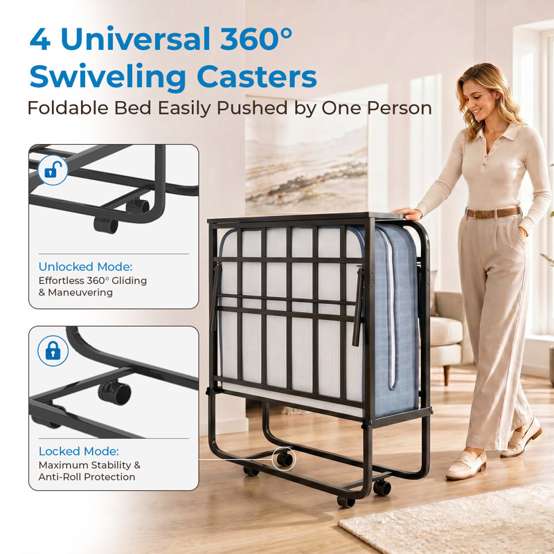 31" Portable Rollaway Bed With 5 Inch Memory Foam Mattress for Guest Use, Twin