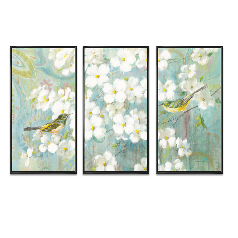Oiseaux sur fleur - ensemble d'art mural sur toile traditionnel encadré de 3, H 28 po x l 36 po x P 1 po, Noir