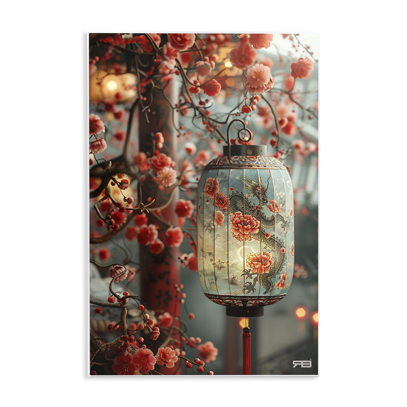 «Florals with Asian Motif», art mural sur bois par Roozbeh Bahramali, H 19 po x l 13 po