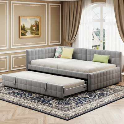 Full Size L-Shaped Upholstered Daybed With Twin Trundle And USB Ports, Gray, Modern Square-Block Design