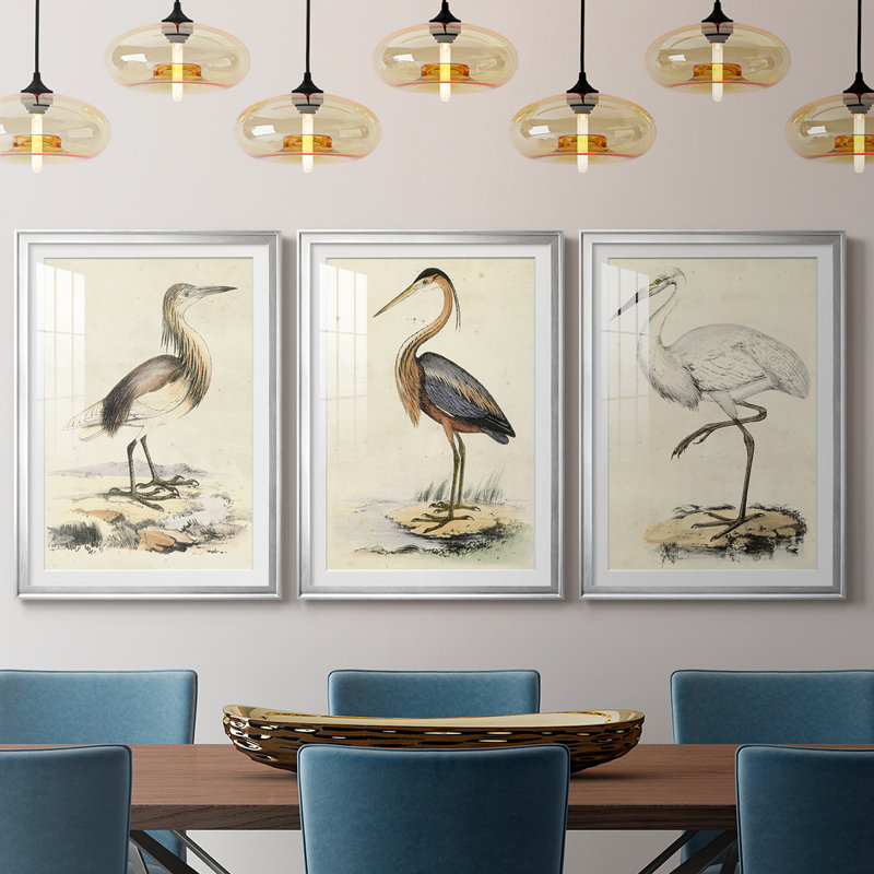 Antique Heron I - reproduction sur mesure encadrée de qualité supérieure - 3 pièces, Argent argent, H 21 po x l 30 po