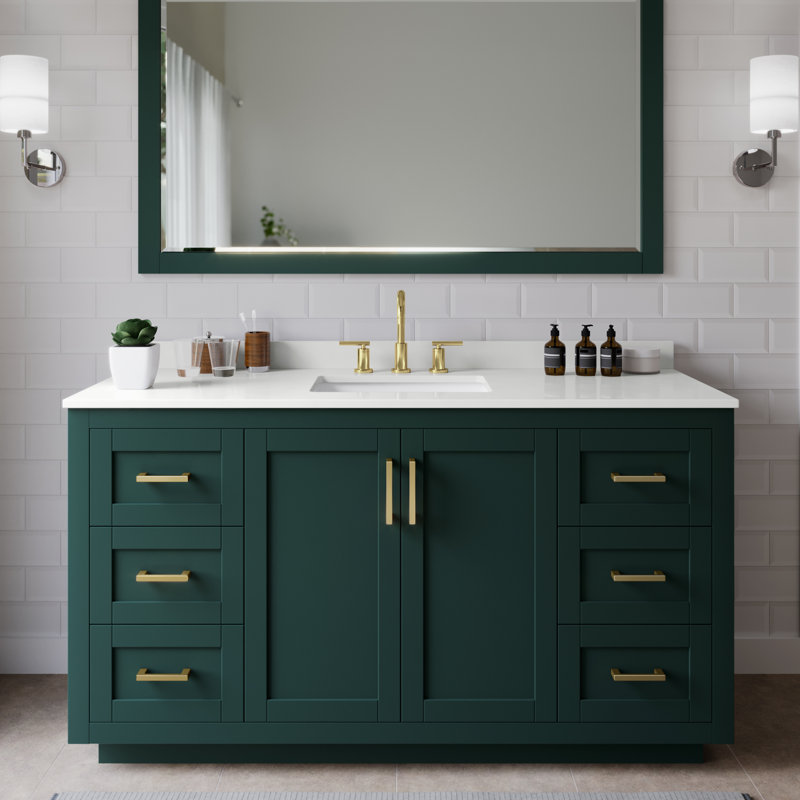 Miranda 60" Freestanding Single Bathroom Vanity with Quartz Top, White Quartz, Green, Brushed Gold