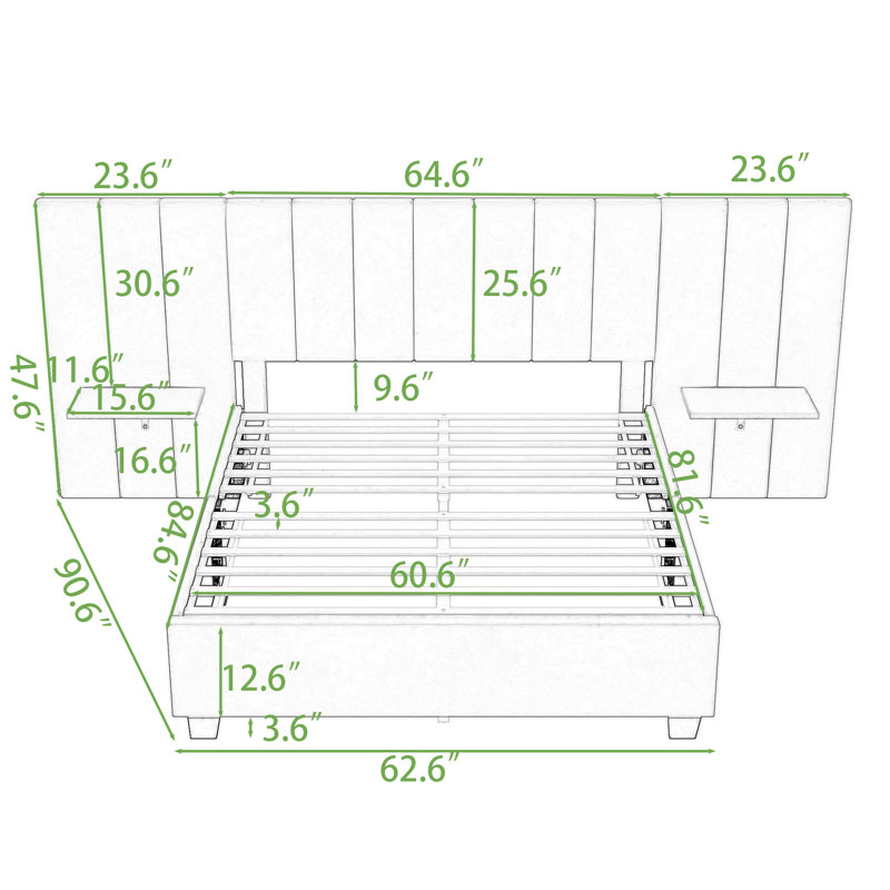 Lit plateforme tapissier avec tête de lit et lattes Kellsi, Grand, Beige