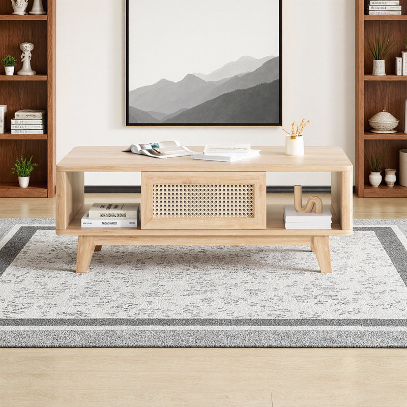 Table basse de rangement Mid-Century avec tiroir en rotin, Naturel