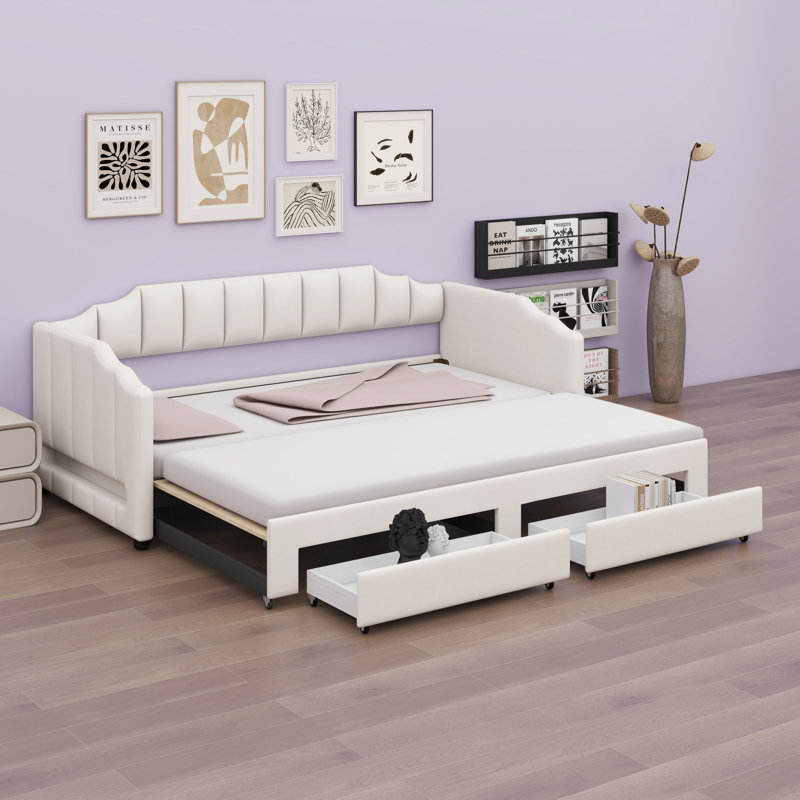 Lit de jour rembourré extensible avec tiroirs de rangement et lumière DEL, Beige
