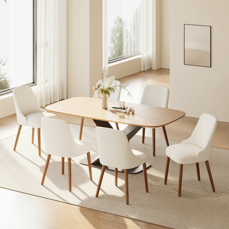 High Back Dining Chair with Ergonomic Curved Back, Padded Seat & Solid Wood Legs, Beige