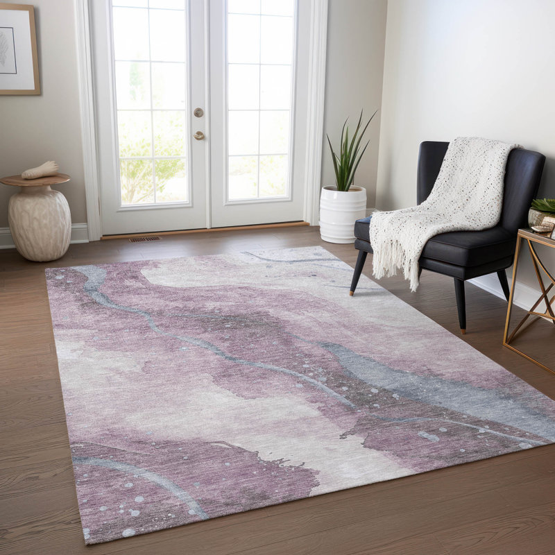 Lavender and Gray Synthetic Washable Rectangular Rug