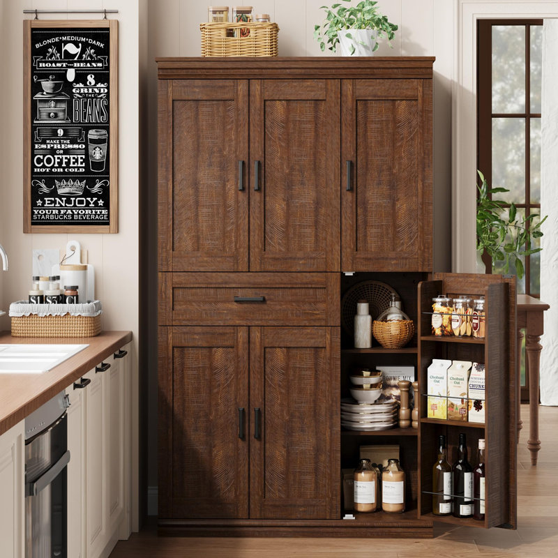 Armoire de cuisine autoportante Modern - bahut de 70 po de hauteur avec portes, tablettes et grand tiroir - Organisateur de buffet peu encombrant pour salle à manger, salon ou cuisinette, brun rougeâtre