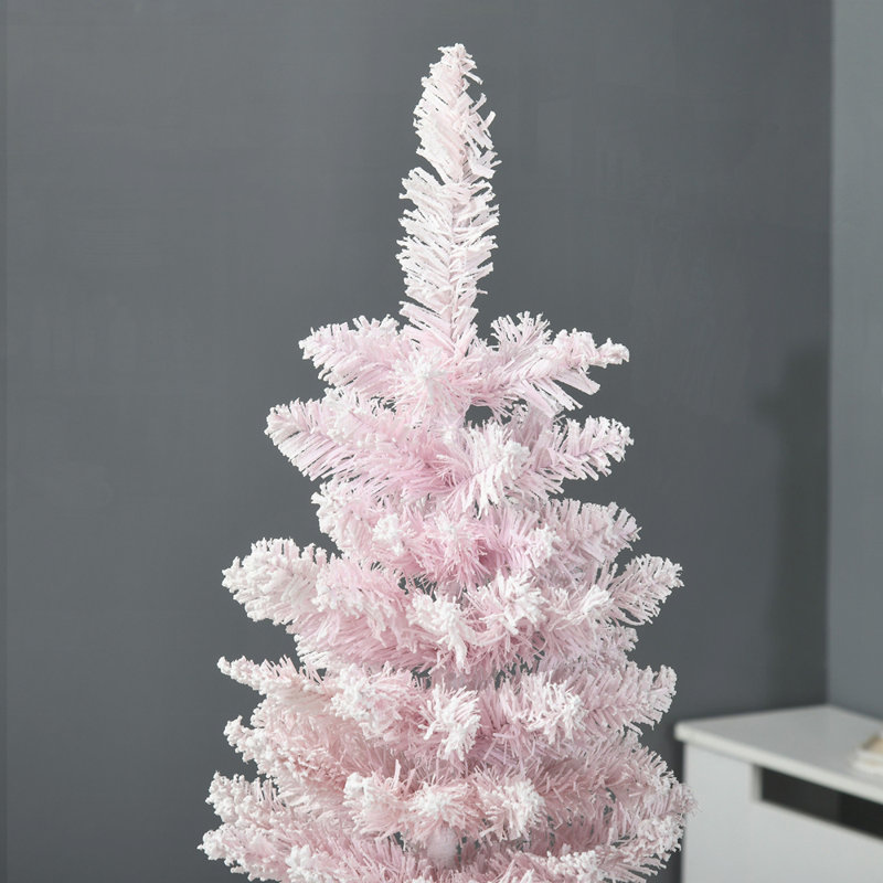 Arbre de Noël artificiel 5 pi avec flocons de neige, conception mince avec branches réalistes et base en plastique durable pour décoration intérieure des Fêtes, rose
