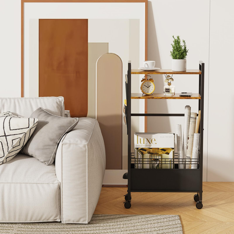 Narrow Skinny Bedside Table Nightstand With Drawers&Wheels, Slim Table Stand Magazine Rack With Storage Bag (Rustic)