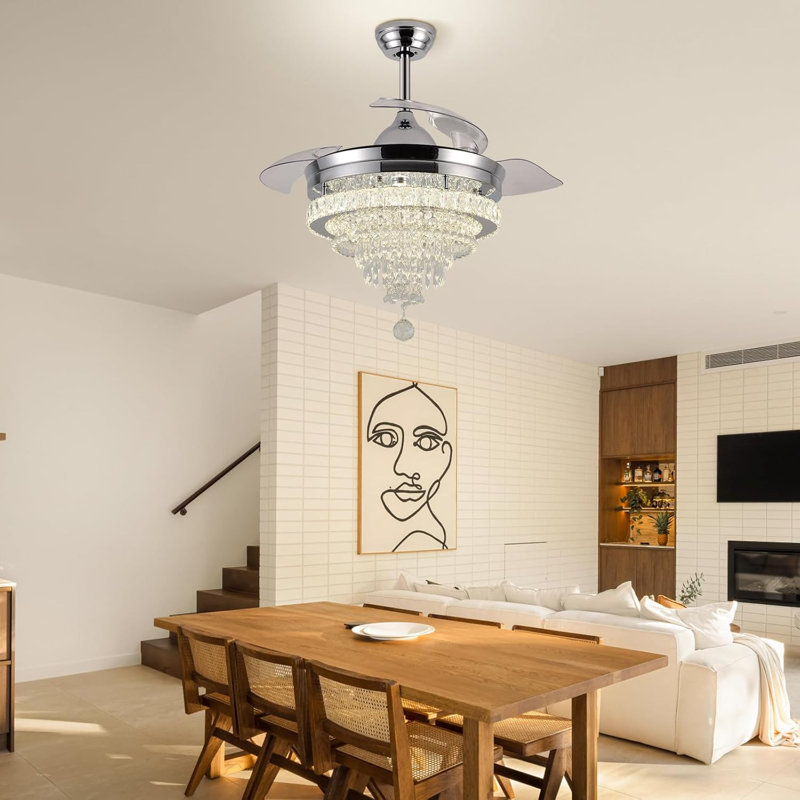 42" Crystal Fandelier Ceiling Fan With Light & Remote - Dimmable LED Retractable Invisible Blades, 6 Speeds, Memory Function, Chandelier Fan For Bedroom, Living Room, Dining Room