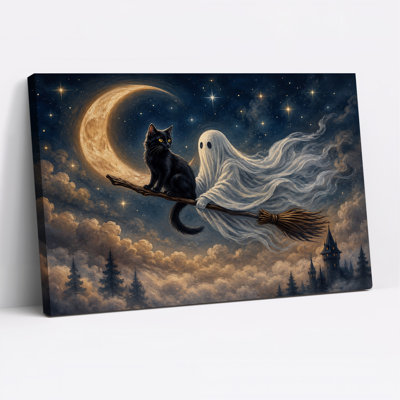 Toile fantôme et chat noir chevauchant un balai sous Halloween