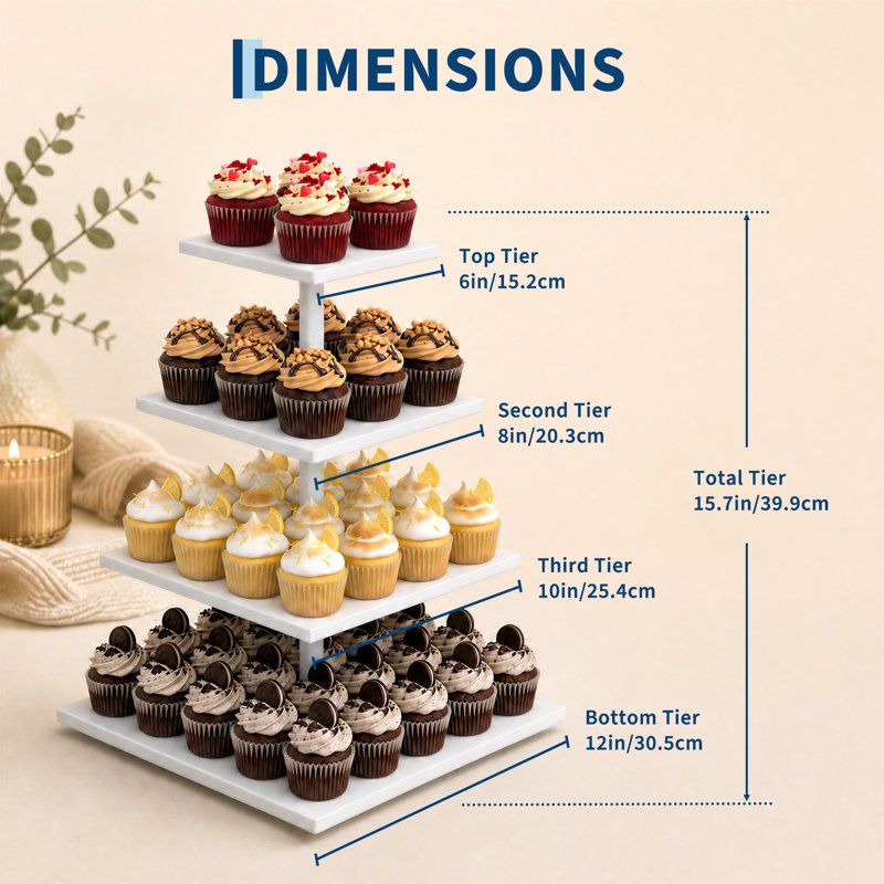 Présentoir à cupcakes à 4 étages, plateaux carrés en bois de 15 à 30 cm, capacité de 24 cupcakes, support métallique sans outil, pour fêtes et buffets