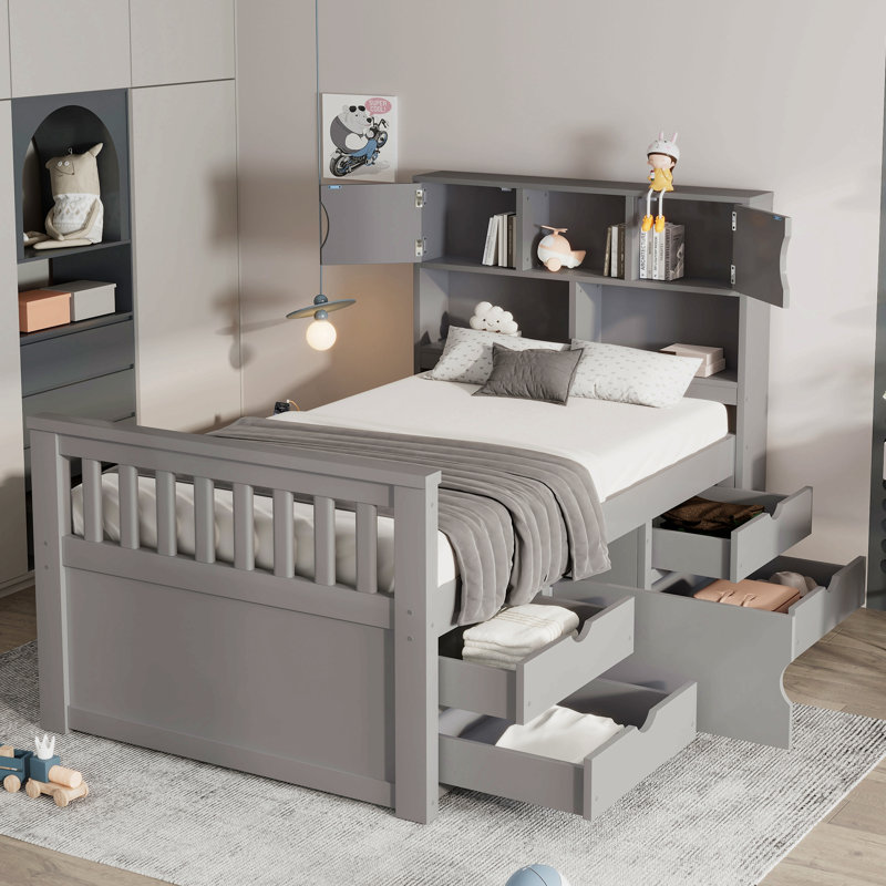 Structure de lit plateforme simple avec bibliothèques et tablettes de rangement, quatre tiroirs, gris, Gris