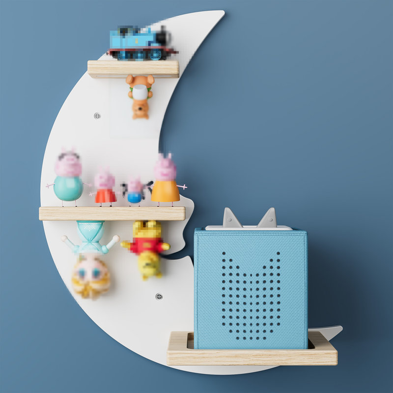Moon Tonie Shelf - White Magnetic Wooden Floating Shelf For 9-18 Tonie Figures, Cute Kids Room Wall Mounted Shelf