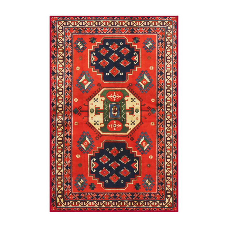 Tapis oriental en laine / polyester tissé à la machine à tisser à la machine / noir / bleu, Rectangle 5 pi x 7 pi